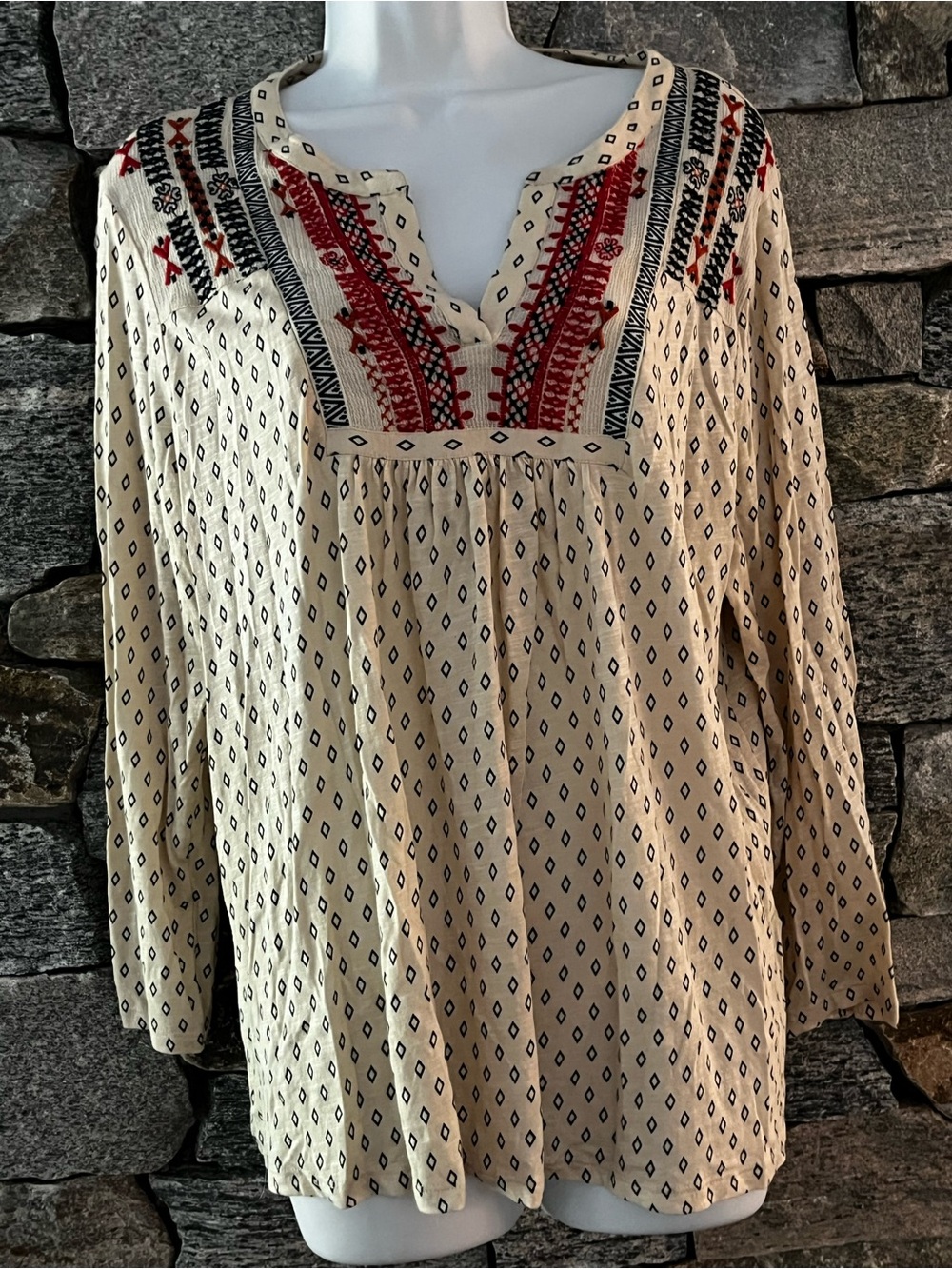 Lucky Brand Cream Tunic with Red and Navy Embroidery